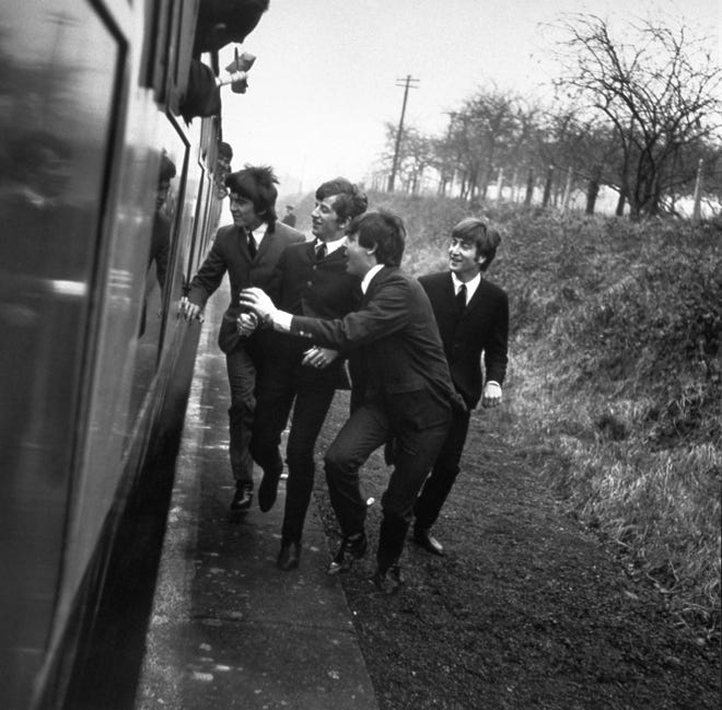 The Beatles try to “catch a train” in “A Hard Day’s Night.” [The Criterion Collection]