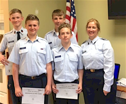 Pictured Left to Right – Back Row: C/CMSgt Justin Townsend, C/Amn Jesse Fox Garon, Left to Right – Front Row: C/Amn Ezra James, Cadet Christian Gallo and Squadron Cadet Leader 2dLt Janelle Townsend.