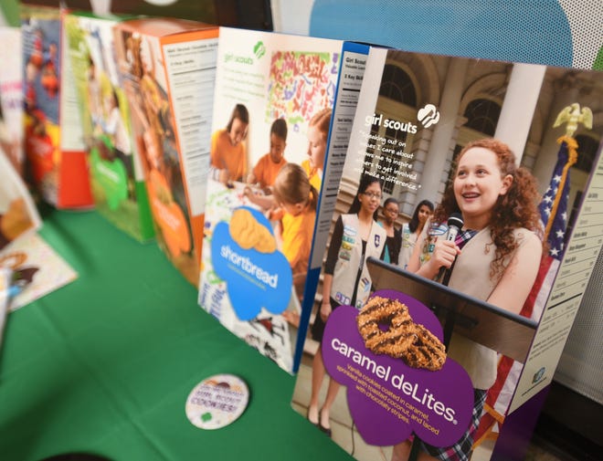 Boxes of girl scout cookies are lined up during the North Carolina Coastal Pines Girl Scouts Cookie Palooza Saturday, January 12, 2019. [File photo]