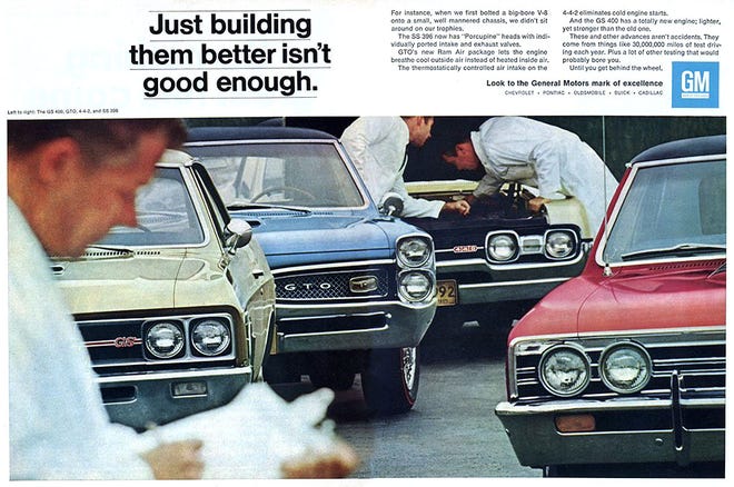 General Motors was selling its muscle cars quicker than they could build them in 1967. This GM muscle car family ad shows the five models available. [General Motors]