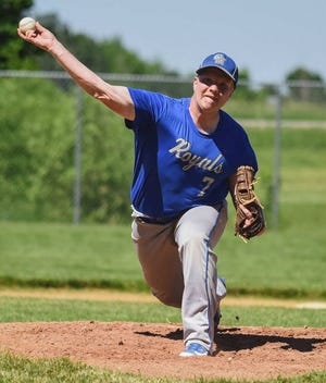 Colo-NESCO’s Kaleb Ruffcorn fires a pitch in his first varsity start during the Royals’ game with Pleasantville at the Colo-NESCO Invitational Saturday in Zearing.