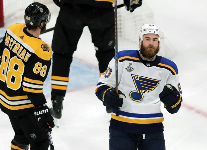 St. Louis Blues' Ryan O'Reilly, right, celebrates his goal against the Boston Bruins during the second period in Game 5 of the NHL hockey Stanley Cup Final, Thursday, June 6, 2019, in Boston. (AP Photo/Charles Krupa)