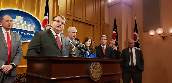 Flanked by some fellow state Senate Republicans, Senate President Larry Obhof of Medina is shown in the file photo. (GateHouse Media Ohio / Jim Siegel)