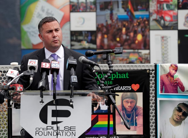 Rep. Darren Soto, D-Fla. makes comments during a news conference to introduce legislation that would designate the Pulse nightclub site as a national memorial, Monday, June 10, 2019, in Orlando, Fla. (AP Photo/John Raoux)