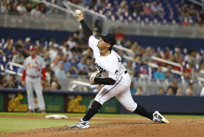 Miami Marlins' Jordan Yamamoto delivers a pitch during the fifth inning of the team's baseball game against the St. Louis Cardinals on Wednesday in Miami. Yamamoto pitched seven innings and won his major league debut in the Marlins' 9-0 victory. [Wilfredo Lee/The Associated Press]