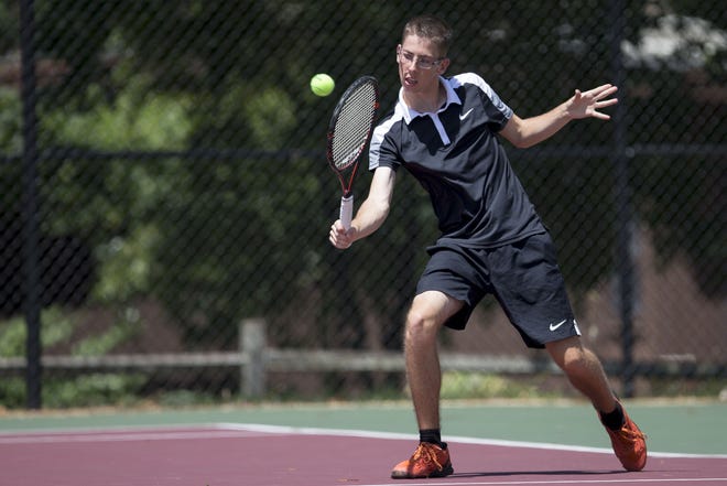 Marius Dornhagen Schradermeier, shown hitting a backhand against Bob Luedeke in the 2017 Freeport City semifinals, has finished second three years in a row in men's singles in the City tennis tournament, which is this Saturday and Sunday. [MAX GERSH/THE JOURNAL-STANDARD STAFF]
