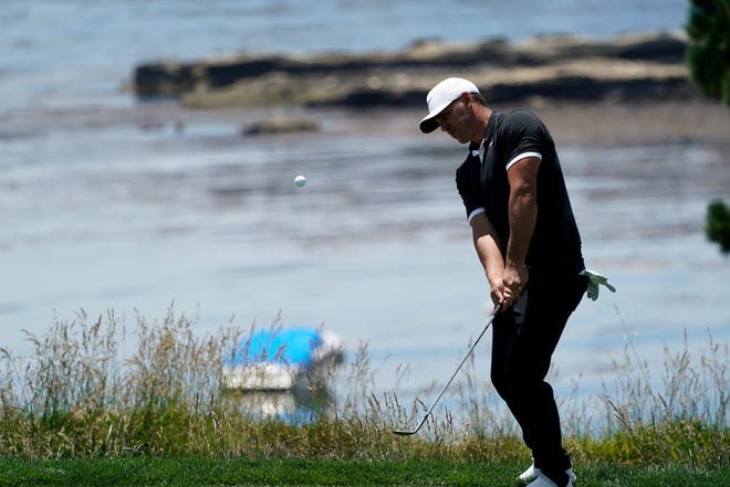 Brooks Koepka hits on the fifth hole during a practice round for the U.S. Open on Monday in Pebble Beach, Calif. Koepka is seeking to become the first player in 114 years to win the tournament three consecutive times. [THE ASSOCIATED PRESS / DAVID J. PHILLIP]