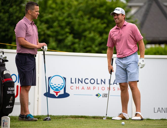 Robby Shelton, right, currently the points leader on the Web.com Tour, talks with Brady Bird, left, as the group prepares to tee off on the No. 4 hole during the Lincoln Land Championship Presented by LRS Pro-Am at Panther Creek Country Club, Wednesday, June 12, 2019, in Springfield, Ill. [Justin L. Fowler/The State Journal-Register]