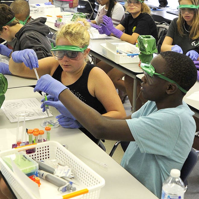 Participants in last year's STEM-themed day camp at Pamlico Community College work on an experiment. This year's day camp is set for July 15-18. [CONTRIBUTED PHOTO]