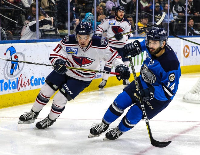 Jacksonville Icemen forward Garrett Ladd (right) and the South Carolina Stingrays' Sam Fioretti chase down the puck during an ECHL game. The Icemen announced their 2019-20 schedule Thursday. [Gary Lloyd McCullough/For the Icemen]