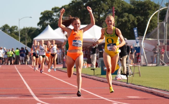 Sinclaire Johnson won the 1,500 meters in meet record time at the NCAA track and field championships last weekend. Only a year before, the Oklahoma State junior watched the race from the stands after finishing last in her heat. [OSU ATHLETICS]