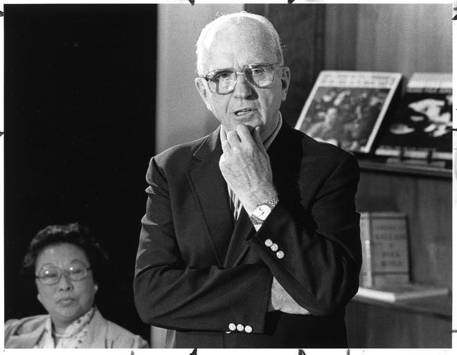 In 1982, author James A. Michener talked about the book he was planning to write about Texas during a press conference at the University of Texas. His wife, Mari, is in the background. [American-Statesman]