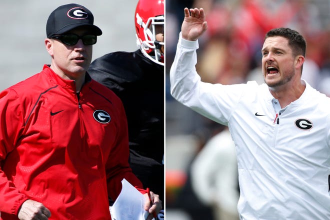 Georgia coaches James Coley, left, and Dan Lanning were named offensive and defensive coordinators, respectively, by head coach Kirby Smart during the offseason. [JOSHUA L. JONES/ATHENS BANNER-HERALD FILE PHOTOS]