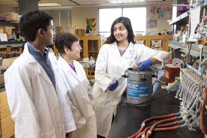 From left: Young Dawgs student Tanishk Sinha, Franklin College faculty member Janet Westpheling and genetics undergraduate student Noor Sohal, a former Young Dawgs participant, discuss a genetics project. [Photo credit: Dorothy Kozlowski]