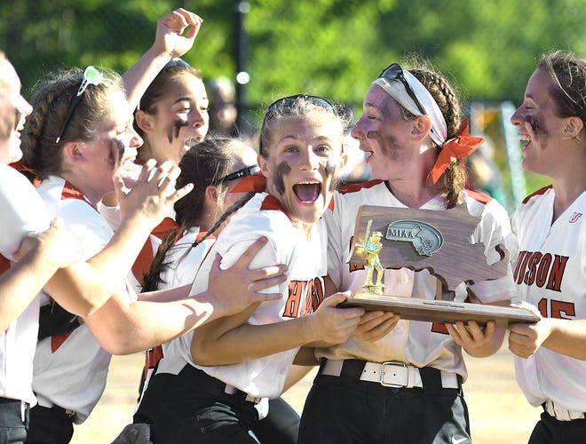 Hudson players celebrate their Division 2 Central Final win over Leicester, played at Worcester State University, Saturday, June 15, 2019. [T&G Staff/Steve Lanava]