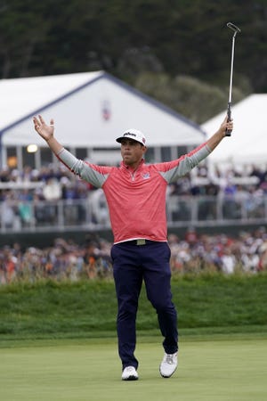 A triumphant Gary Woodland completes the final round at the U.S. Open on Sunday, wrapping up his first major championship with a 13-under-par 271. [David J. Phillip/The Associated Press]
