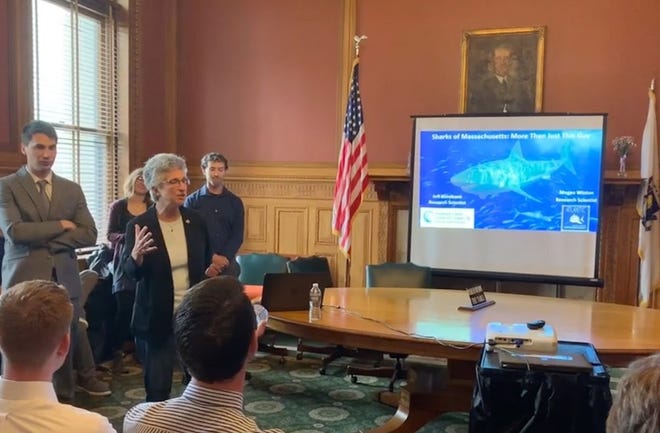 State Reps. Sarah Peake and Dylan Fernandes, of Cape Cod and the Islands, hosted an informational briefing Thursday to "raise awareness" about sharks. Media were alerted to the event, but not admitted due to inadequate space in the briefing room, Fernandes said. [State House News Service Photo / Courtesy Rep. Peake via Twitter]