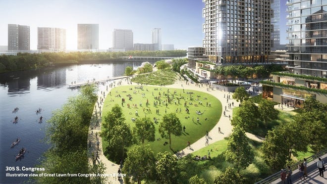 An artist's rendering shows a potential view of what the redevelopment project on the American-Statesman's site could look like. An initial proposal calls for 3.5 million square feet of development, along with a waterfront park, plazas, new roads, sidewalks and more connections to and along the Ann and Roy Butler Hike and Bike Trail and Lady Bird Lake. [Skidmore, Owings & Merrill]