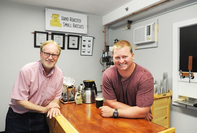 Mike Shea, right, and John Shea at Mike Shea's Coffee 30 1st Street, Bridgewater, on Thursday, June 14, 2019. (Marc Vasconcellos/The Enterprise)
