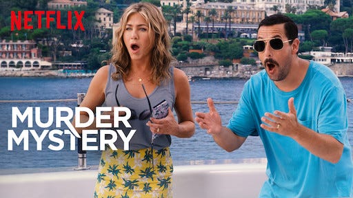 Adam Sandler and Jennifer Aniston in "Murder Mystery." [Netflix]