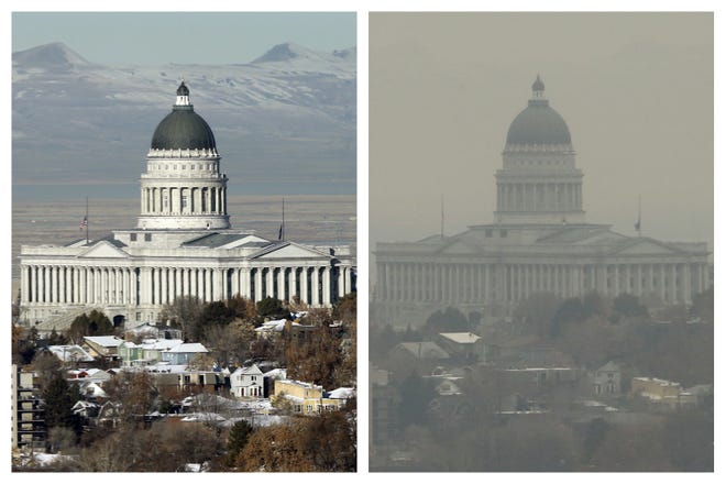 This combination of Dec. 13 and 17, 2018 photos shows the Utah State Capitol during clear and an inversion day in Salt Lake City. Inversions hover over Salt Lake City as cold, stagnant air settles in the bowl-shaped mountain basins, trapping tailpipe and other emissions that have no way of escaping to create a brown, murky haze the engulfs the metro area. After decades of getting ever cleaner, AmericaþÄôs air quality seems to be stagnating. In 2017 and 2018, the nation had more polluted air days than just a few years earlier, federal data shows. While it remains unclear whether this is the beginning of a trend, health experts say itþÄôs a troubling development. (AP Photo/Rick Bowmer)