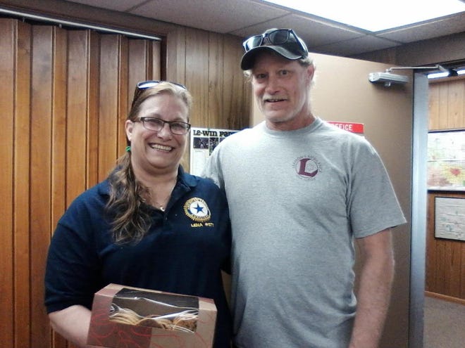 Kathy Pignato of the Lena American Legion recently presented cookies to Jeff Johnson of Leamons Ambulance Service in Lena. [PHOTO PROVIDED]