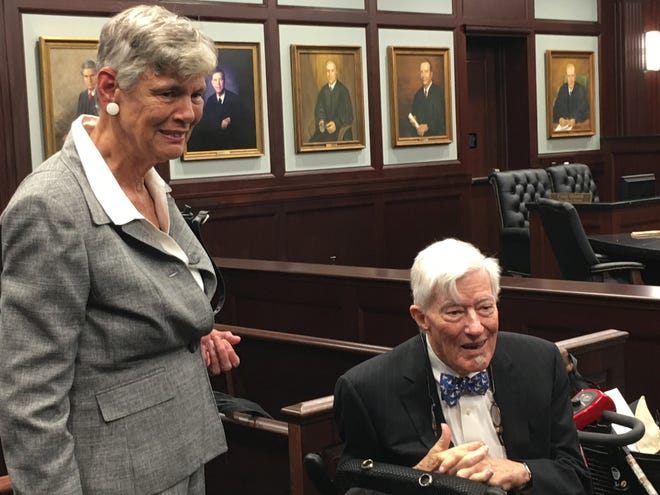Maggie Hurchalla, left, thanks attorney Sandy D'Alemberte, who represented her Tuesday, March 12, 2019 in the Fourth District Court of Appeal. D'Alemberte died May 20 at 86 years old. [KIMBERLY MILLER/PALMBEACHPOST.COM]