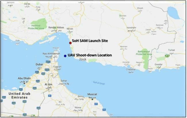 This map provided by the Department of Defense shows the site where they say a U.S. Navy RQ-4 drone was shot down. The Department of Defense says the drone was flying over the Gulf of Oman and the Strait of Hormuz on a surveillance mission in international airspace in the vicinity of recent IRGC maritime attacks when it was shot down by an IRGC surface-to-air missile fired from a launch site in the vicinity of Goruk, Iran. (Department of Defense via AP)