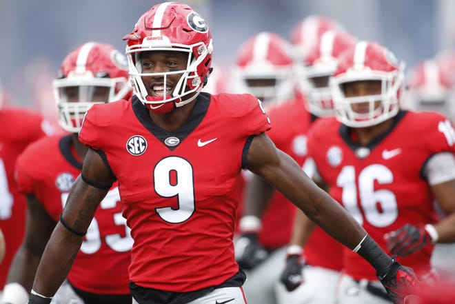 Georgia wide receiver Jeremiah Holloman (9) takes the field field before an NCAA college football game between Georgia and Middle Tennessee at Sanford Stadium in Athens, GA. Saturday, Sept. 15, 2018. [Photo/Joshua L. Jones, Athens Banner-Herald]