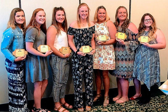 The Ashland Umpires’ Association, which hosts both the Wendy’s Spring Classic Softball Invitational and the MVD Sports Ohio Invitational, recently named its 2019 scholarship recipients. The seven scholarship winners are Ashland’s Tiffany McCullough and Sheri Nichols, Crestview’s Clare Robertson, Hillsdale’s Sophie Goon, Molly Moffett and Emily Crossen, and Loudonville’s MacKenzie Carney. Pictured from left to right with their awards: Goon, Robertson, Moffett, Crossen, Carney, McCullough and Nichols.