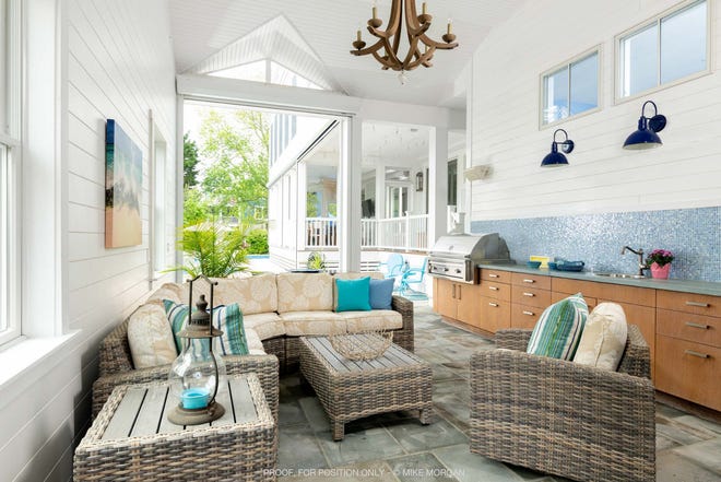The outdoor living room at the Tippett family's Bethany Beach, Del., house has a wood-burning fireplace, a built-in grill and a beverage fridge. [Photo for The Washington Post by Mike Morgan]