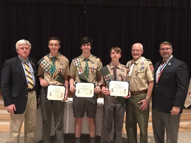 New Bern SAR presents certificates

On May 22, 2019, during the Scout's "Court of Honors Ceremony", the New Bern Chapter of the Sons of the American Revolution, presented Eagle Scout Recognition Certificates to three new Eagle Scouts of Troop 132 of New Bern. For more information regarding the SAR and/or membership requirements, contact Jay DeLoach on 703-501-7205 or at jaydeloach@aol.com. Pictured from left to right are Bob Ainsley, VP New Bern SAR Chapter, Eagle Scout Ben Flye, Eagle Scout Charlie Lewis, Eagle Scout Aidan McCloskey, Jim Burns, Troop 132 scout master and member of the New Bern SAR Chapter, and Jay DeLoach, president, New Bern SAR Chapter. [CONTRIBUTED PHOTO]









Pictured from left to right are Bob Ainsley, VP New Bern SAR Chapter, Eagle Scout Ben Flye, Eagle Scout Charlie Lewis, Eagle Scout Aidan McCloskey, Jim Burns, Troop 132 Scout Master and member of the New Bern SAR Chapter, and Jay DeLoach, President, New Bern SAR Chapter.