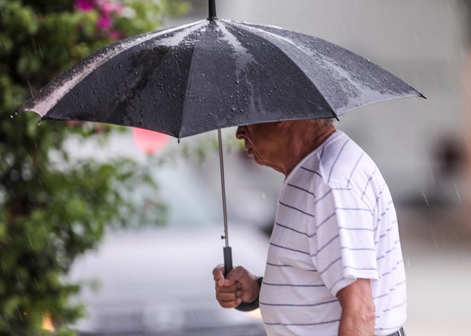 A man shields himself from the rain with an umbrella while walking along Worth Ave. near S. County Rd. Thursday, June 13, 2019. [Damon Higgins/palmbeachdailynews.com]