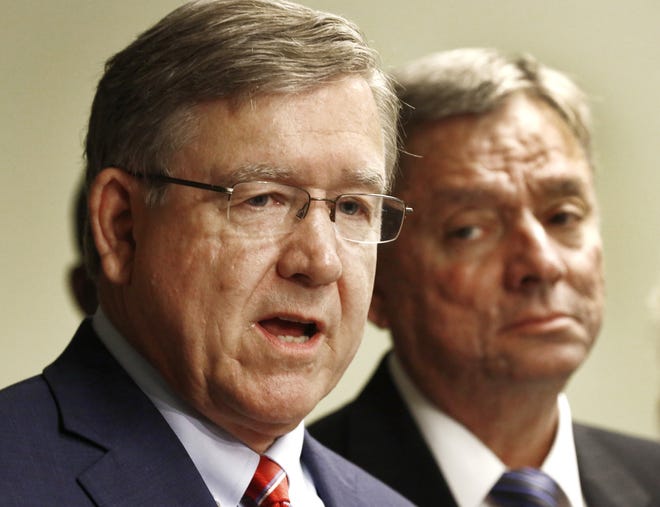 Ohio State Reps. Robert Cupp, left, and John Patterson presented a new school funding plan on Wednesday that they hope could take effect by July 2020. [Fred Squillante/Dispatch]