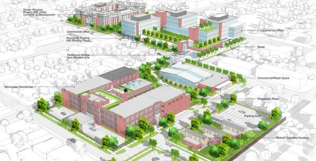 Far Wespen, a New York investment group, is proposing a mix of housing and retail in the old Roosevelt school that would connect with a mix of housing, retail and offices that group is planning to development to the east on land acquied by Far Wespen over the past several years. [PROVIDED]