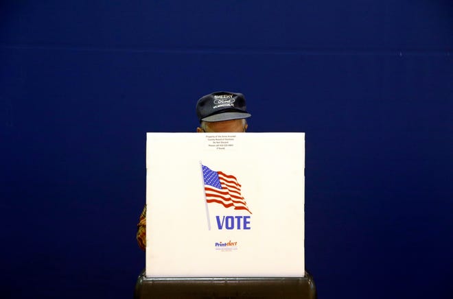 In this Nov. 6, 2018, file photo, a voter fills out a ballot at a polling place at Lake Shore Elementary School in Pasadena, Md. [AP Photo/Patrick Semansky, File]