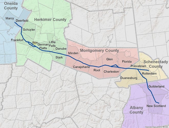 A map of the currently proposed route for the Marcy to New Scotland Electric Transmission Upgrade Project. [SUBMITTED PHOTO]
