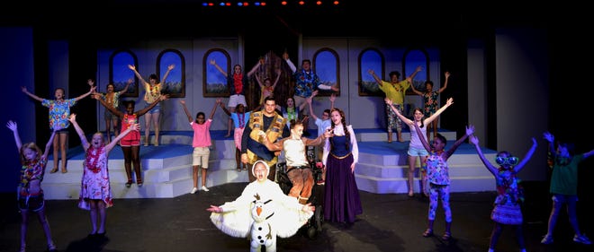 Olaf (Banks Greemon) and Summer Chorus in the Little Theater of Gastonia summer youth camp's production of Disney's "Frozen Jr." [PHOTO BY LAUREN PARKER/SPECIAL TO THE GAZETTE]