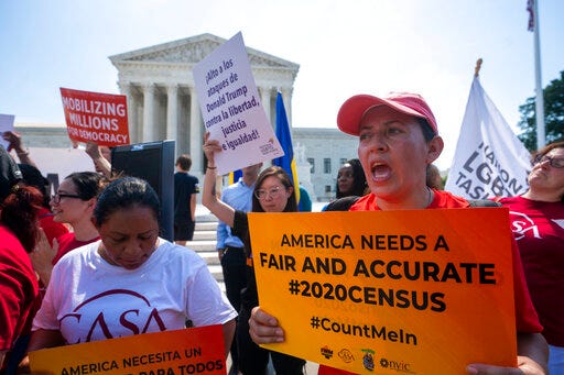 Demonstrators gather at the Supreme Court as the justices finish the term with key decisions on gerrymandering and a census case involving an attempt by the Trump administration to ask everyone about their citizenship status in the 2020 census, on Capitol Hill in Washington, Thursday, June 27, 2019. (AP Photo/J. Scott Applewhite)