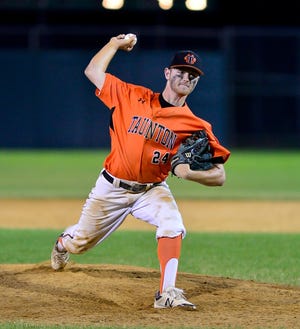 Taunton High pitcher Logan Lawrence throws a pitch during the Division I state semifinal game against Lincoln Sudbury at Alumni Field in Lowell. The Tigers won 6-5 n extra innings.

[MIke Borden | photo for the Taunton Gazette]