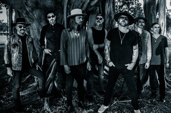 The Allman Betts Band includes Devon Allman (third from right), Berry Duane Oakley (second from left) and Duane Betts (third from left) along with Johnny Stachela, John Ginty, R. Scott Bryan and John Lum. [Courtesy photo]