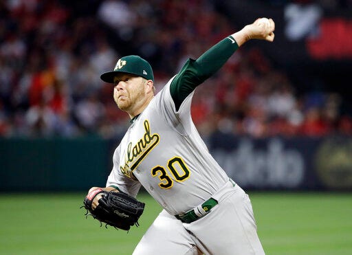 Oakland Athletics starting pitcher Brett Anderson throws to s Los Angeles Angels batter during the fifth inning of a baseball game Saturday, June 29, 2019, in Anaheim, Calif. (AP Photo/Marcio Jose Sanchez)