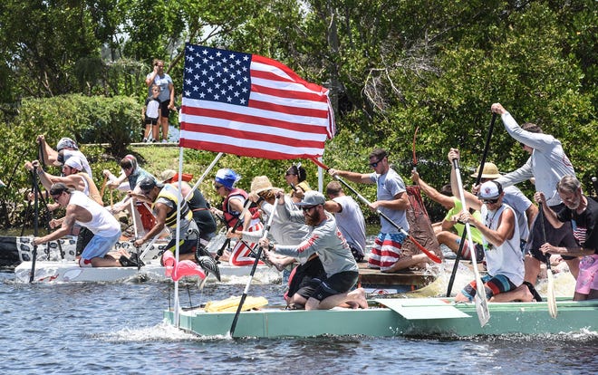 More than a dozen vessels participated in Lake Worth's Great American Raft Race at the Bryant Park boat ramp on July 4, 2018. [MELANIE BELL / The Palm Beach Post]