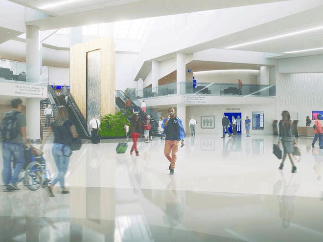 This rendering shows what the inside of the main terminal at Daytona Beach International Airport will look like upon completion of a $12.4 million renovation project set to start this year. Improvements include a waterfall feature, new flooring, signage and electronic readerboards. [Provided image]