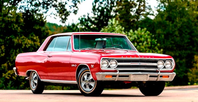 The 1965 Chevelle SS line was the very first year a 396-V8 big block engine was available. Known as the Z16, only 200 coupes and one ragtop were ever produced. Rated at 375 horsepower, the ’65 Chevelle SS 396 engine was different than the 1965 Corvette’s 396 that delivered 425 horses. [Mecum Auctions]