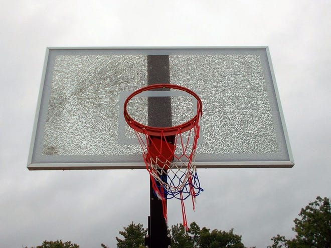 One of two damaged basketball hoops at Sandy Beach in Hillsdale. Police are investigating the damage as an act of vandalism.
