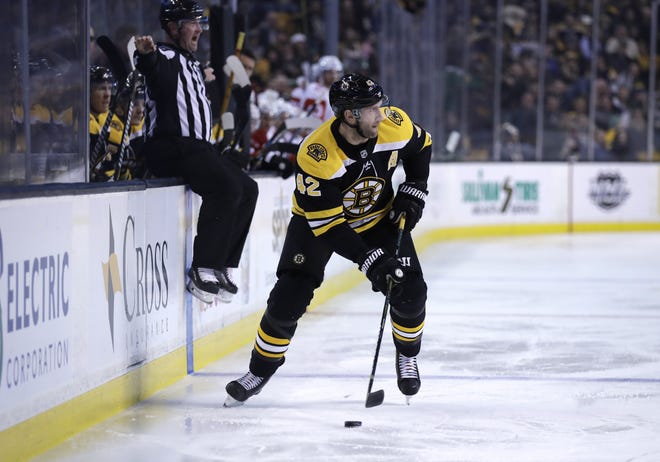 Boston Bruins right wing David Backes (42) skates during the second period of an NHL hockey game in Boston, Tuesday, March 6, 2018. (AP Photo/Charles Krupa)