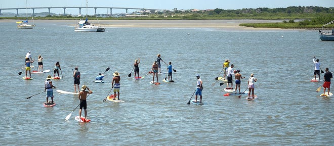 A group of paddle boarders travel down Salt Run. See Florida wildlife and experience natural Florida on the Dolphin Paddle on Salt Run from 9 to 11 a.m. Saturday. [THE RECORD/FILE]