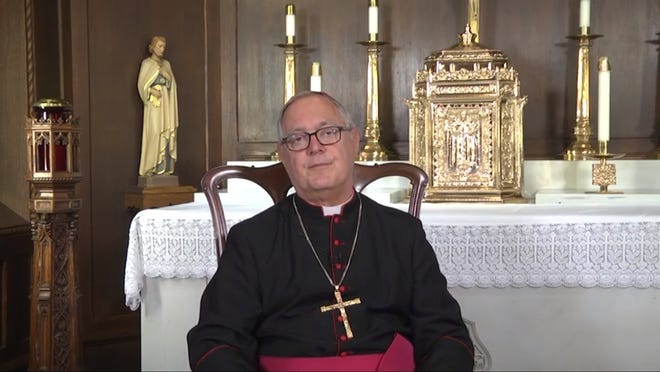 Bishop Thomas J. Tobin of the Roman Catholic Diocese of Providence records a video message about the release of the names of 50 priests "credibly accused" of sexual abuse this week. (YouTube screenshot)