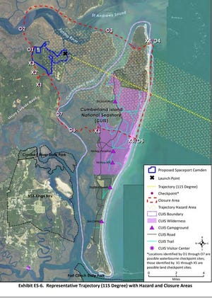 An exhibit from the Spaceport Camden Environmental Impact Statement shows the trajectory of a rocket from the launch site over Little Cumberland Island.